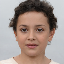 Joyful white child female with short  brown hair and brown eyes