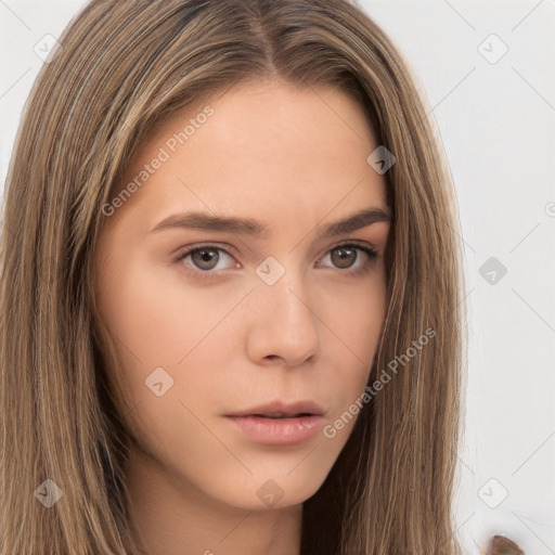 Neutral white young-adult female with long  brown hair and brown eyes