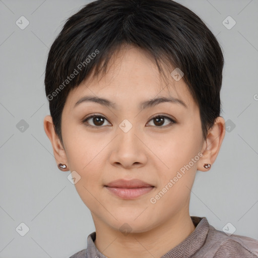 Joyful asian young-adult female with short  brown hair and brown eyes