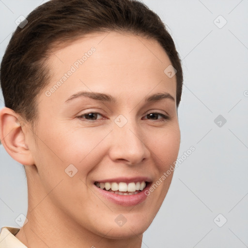 Joyful white young-adult female with short  brown hair and brown eyes