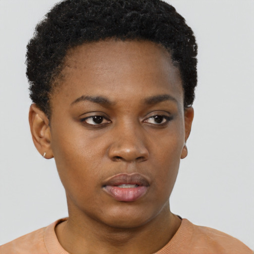 Neutral black young-adult female with short  black hair and brown eyes