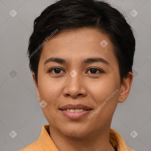 Joyful asian young-adult female with short  brown hair and brown eyes