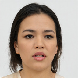 Neutral asian young-adult female with medium  brown hair and brown eyes