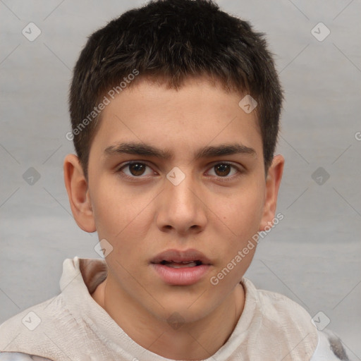 Neutral white young-adult male with short  brown hair and brown eyes