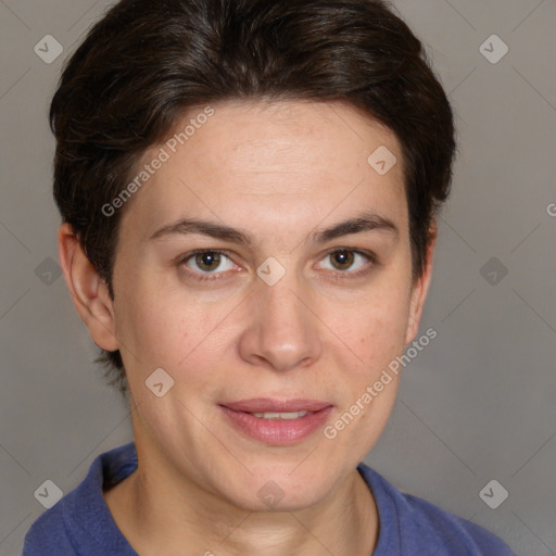 Joyful white young-adult female with short  brown hair and grey eyes