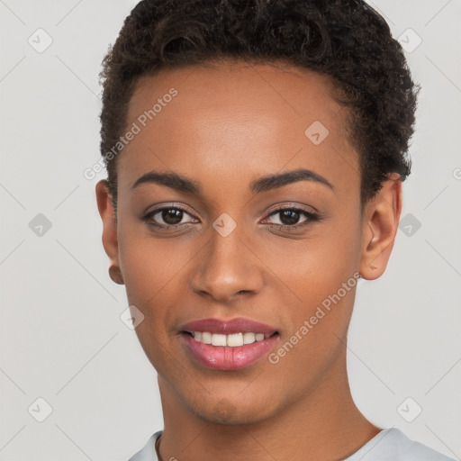 Joyful white young-adult female with short  brown hair and brown eyes