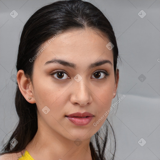 Joyful white young-adult female with medium  brown hair and brown eyes