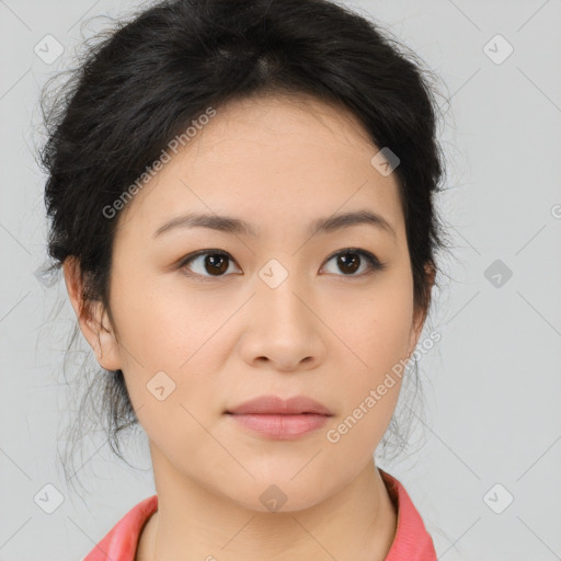 Neutral asian young-adult female with medium  brown hair and brown eyes