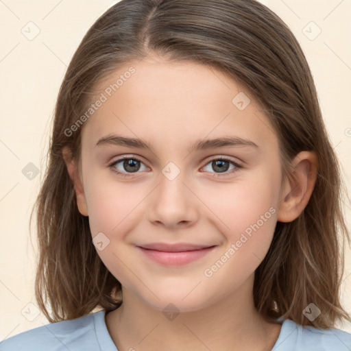 Joyful white child female with medium  brown hair and brown eyes