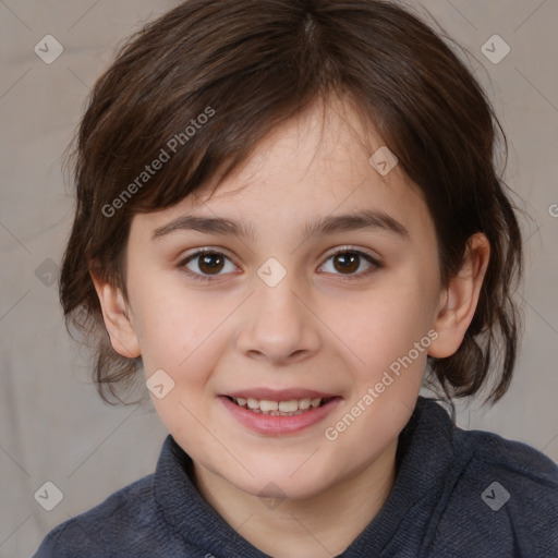 Joyful white child female with medium  brown hair and brown eyes