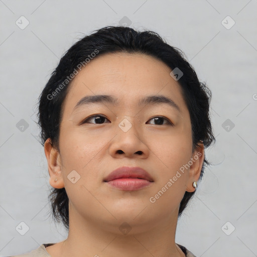 Neutral asian young-adult female with medium  black hair and brown eyes