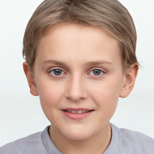 Joyful white child female with short  brown hair and grey eyes