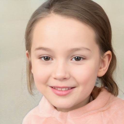 Joyful white child female with medium  brown hair and brown eyes