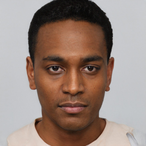 Neutral black young-adult male with short  black hair and brown eyes