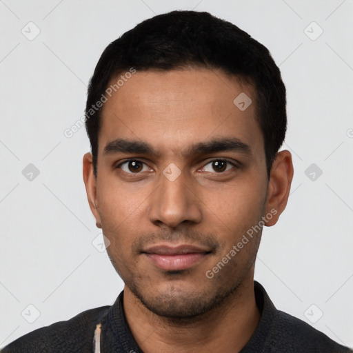 Neutral latino young-adult male with short  black hair and brown eyes