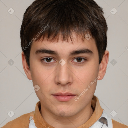 Neutral white young-adult male with short  brown hair and brown eyes