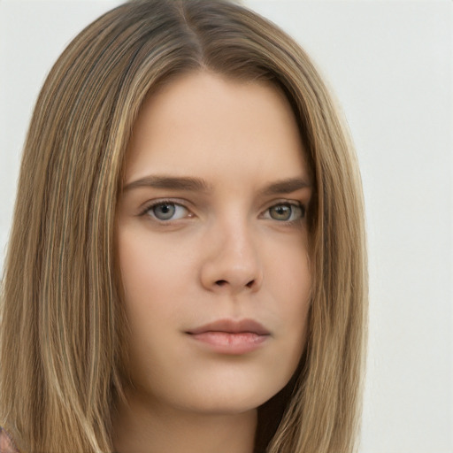 Neutral white young-adult female with long  brown hair and brown eyes