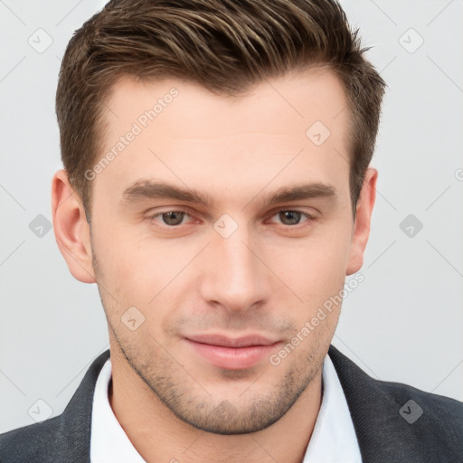 Neutral white young-adult male with short  brown hair and grey eyes