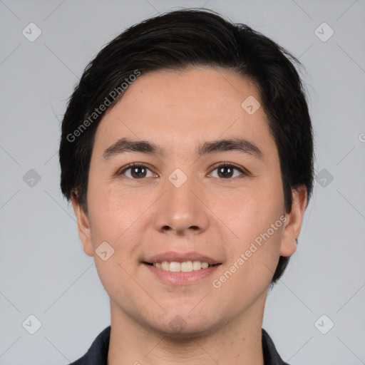 Joyful white young-adult male with short  black hair and brown eyes