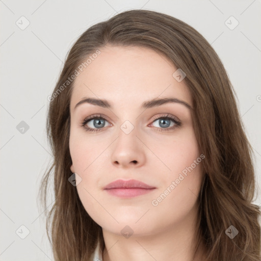 Neutral white young-adult female with long  brown hair and grey eyes