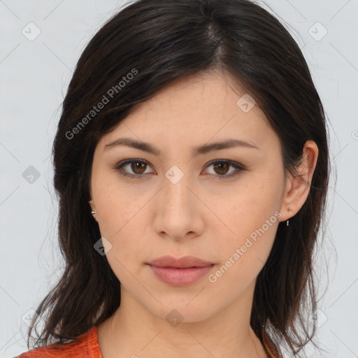 Neutral asian young-adult female with medium  brown hair and brown eyes