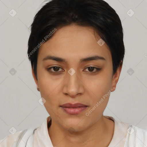 Neutral asian young-adult female with short  black hair and brown eyes