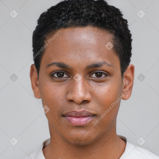 Neutral black young-adult female with short  black hair and brown eyes