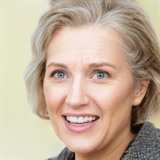 Joyful white adult female with medium  brown hair and blue eyes