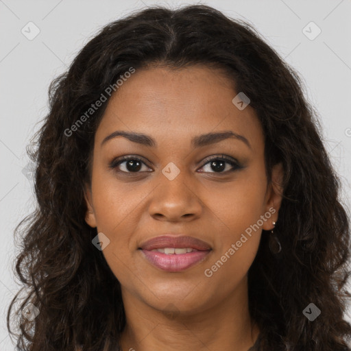 Joyful black young-adult female with long  brown hair and brown eyes