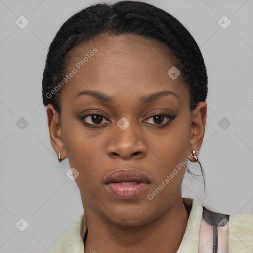 Neutral black young-adult female with short  brown hair and brown eyes