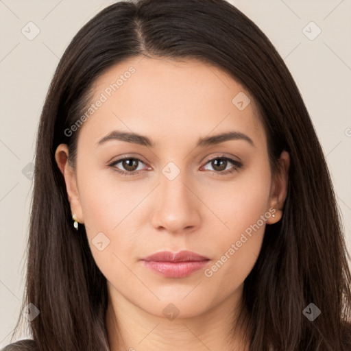 Neutral white young-adult female with long  brown hair and brown eyes