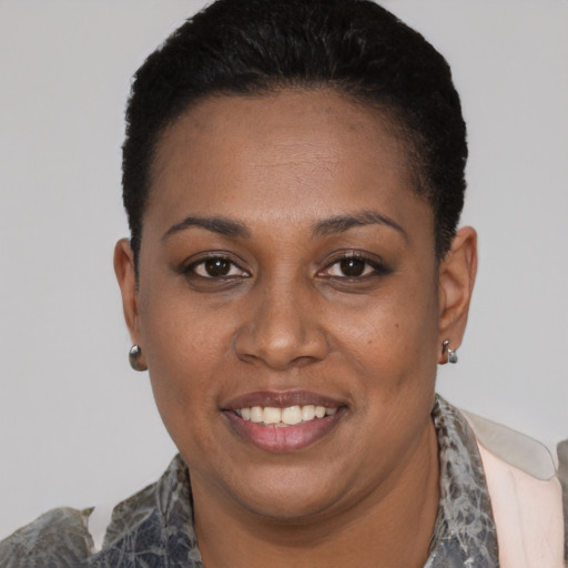Joyful black young-adult female with short  black hair and brown eyes