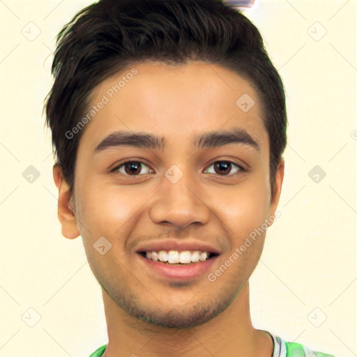 Joyful white young-adult male with short  black hair and brown eyes