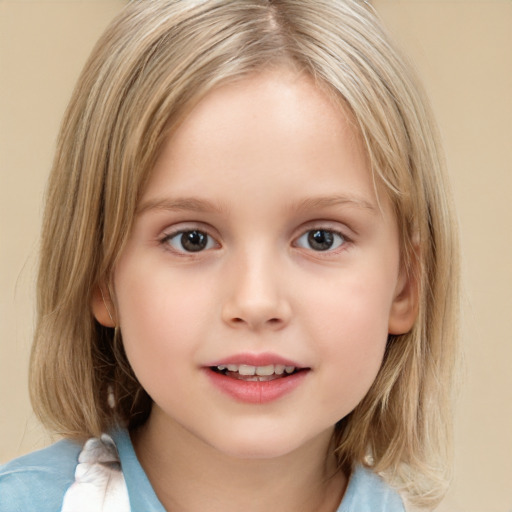 Joyful white child female with medium  brown hair and brown eyes