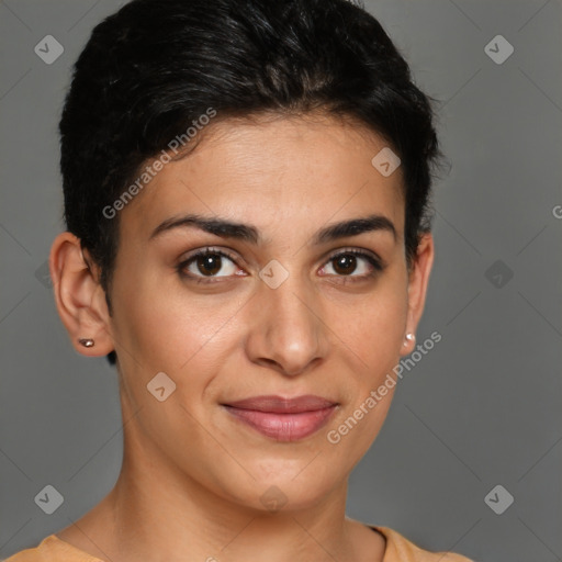 Joyful latino young-adult female with short  brown hair and brown eyes