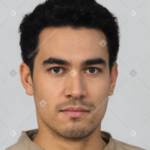 Neutral latino young-adult male with short  black hair and brown eyes