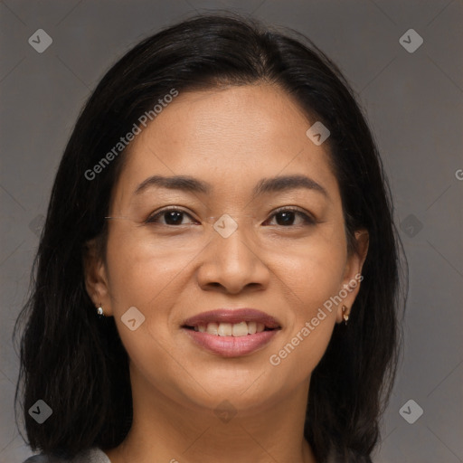 Joyful asian young-adult female with long  brown hair and brown eyes