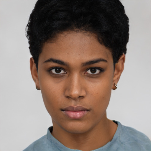 Neutral latino young-adult female with short  black hair and brown eyes