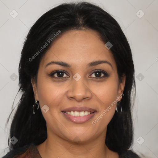 Joyful latino young-adult female with medium  brown hair and brown eyes