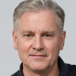 Neutral white middle-aged male with short  gray hair and grey eyes