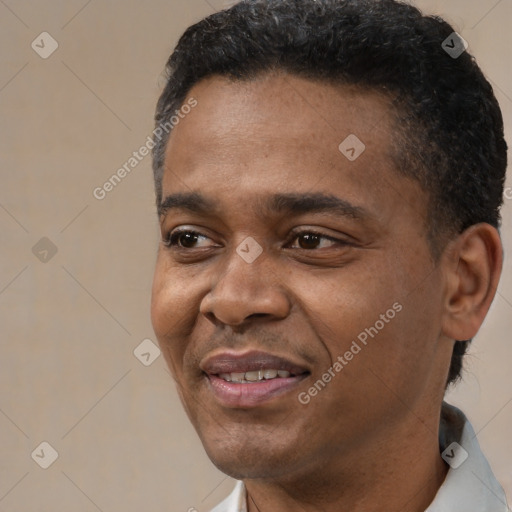 Joyful latino adult male with short  black hair and brown eyes