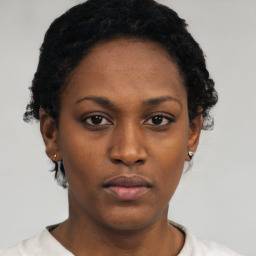 Neutral black young-adult female with short  black hair and brown eyes