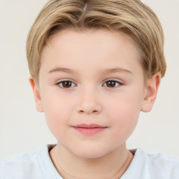 Joyful white child female with short  brown hair and brown eyes