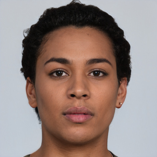 Neutral latino young-adult female with short  brown hair and brown eyes