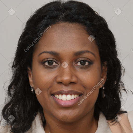 Joyful black young-adult female with medium  brown hair and brown eyes