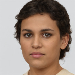 Neutral white young-adult female with short  brown hair and brown eyes