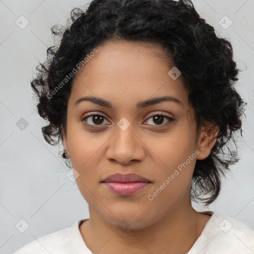 Joyful latino young-adult female with medium  black hair and brown eyes