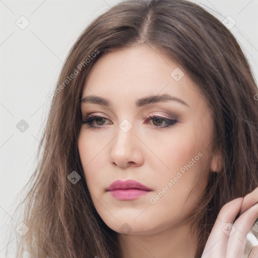 Neutral white young-adult female with long  brown hair and brown eyes