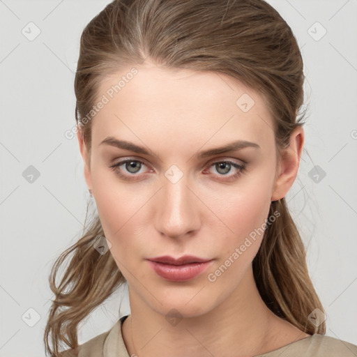 Neutral white young-adult female with medium  brown hair and grey eyes