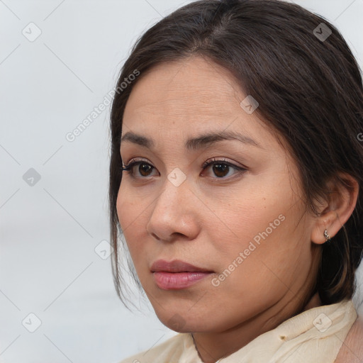 Neutral white young-adult female with medium  brown hair and brown eyes